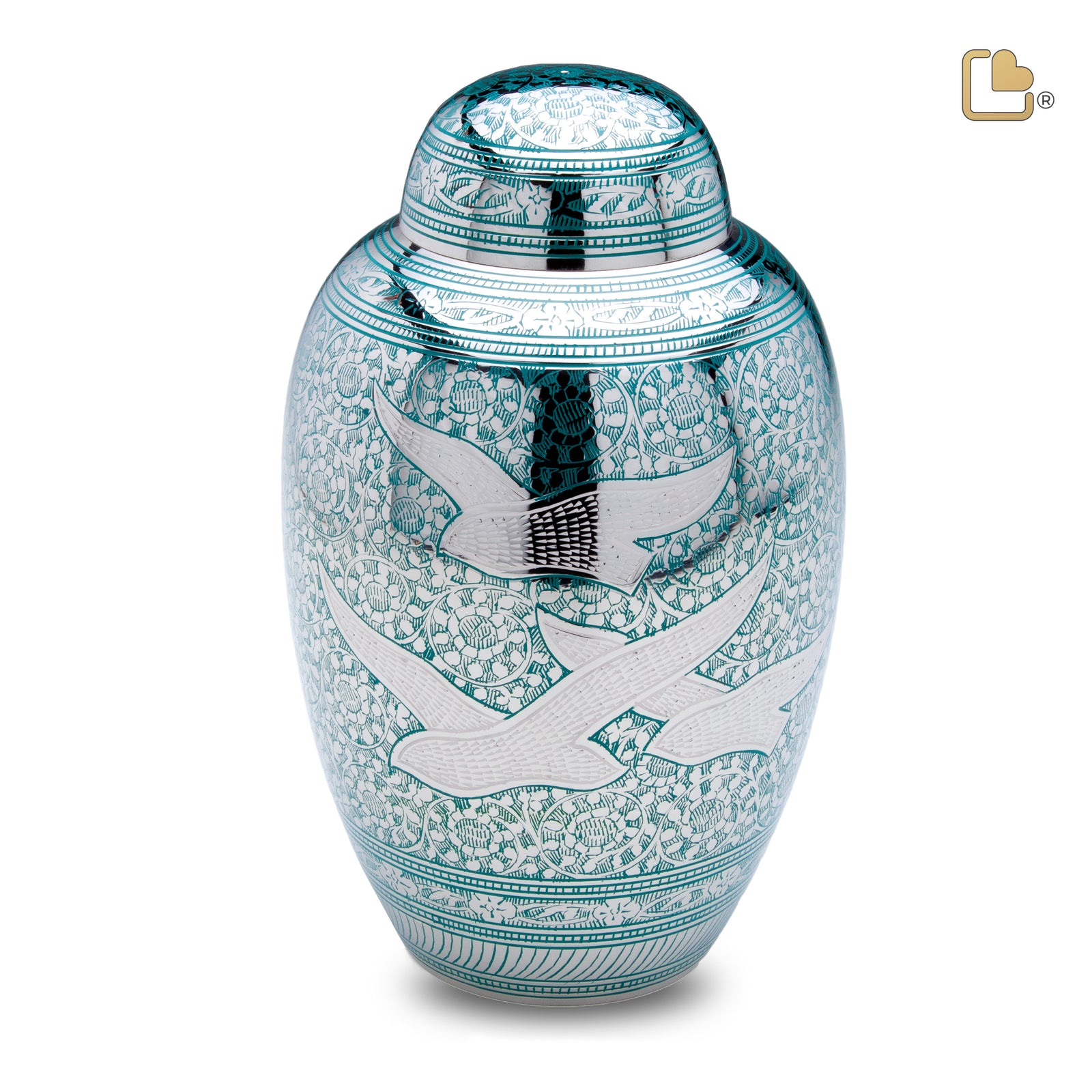 A227 DomeTop Flying Dove Standard Adult Urn Green & Pol Silver
