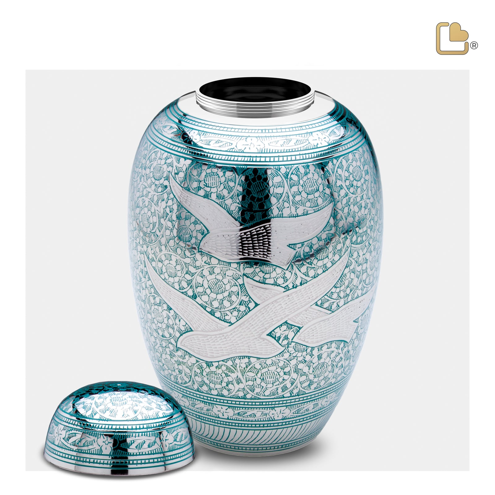 A227 DomeTop Flying Dove Standard Adult Urn Green & Pol Silver