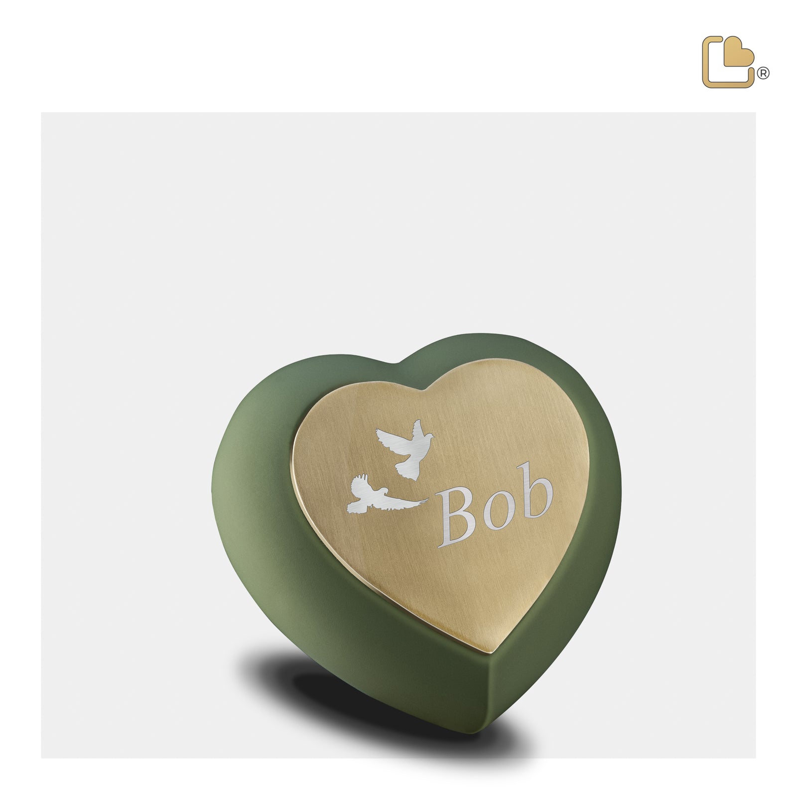 H585 Drop Heart Keepsake Urn Sage Green & Bru Gold