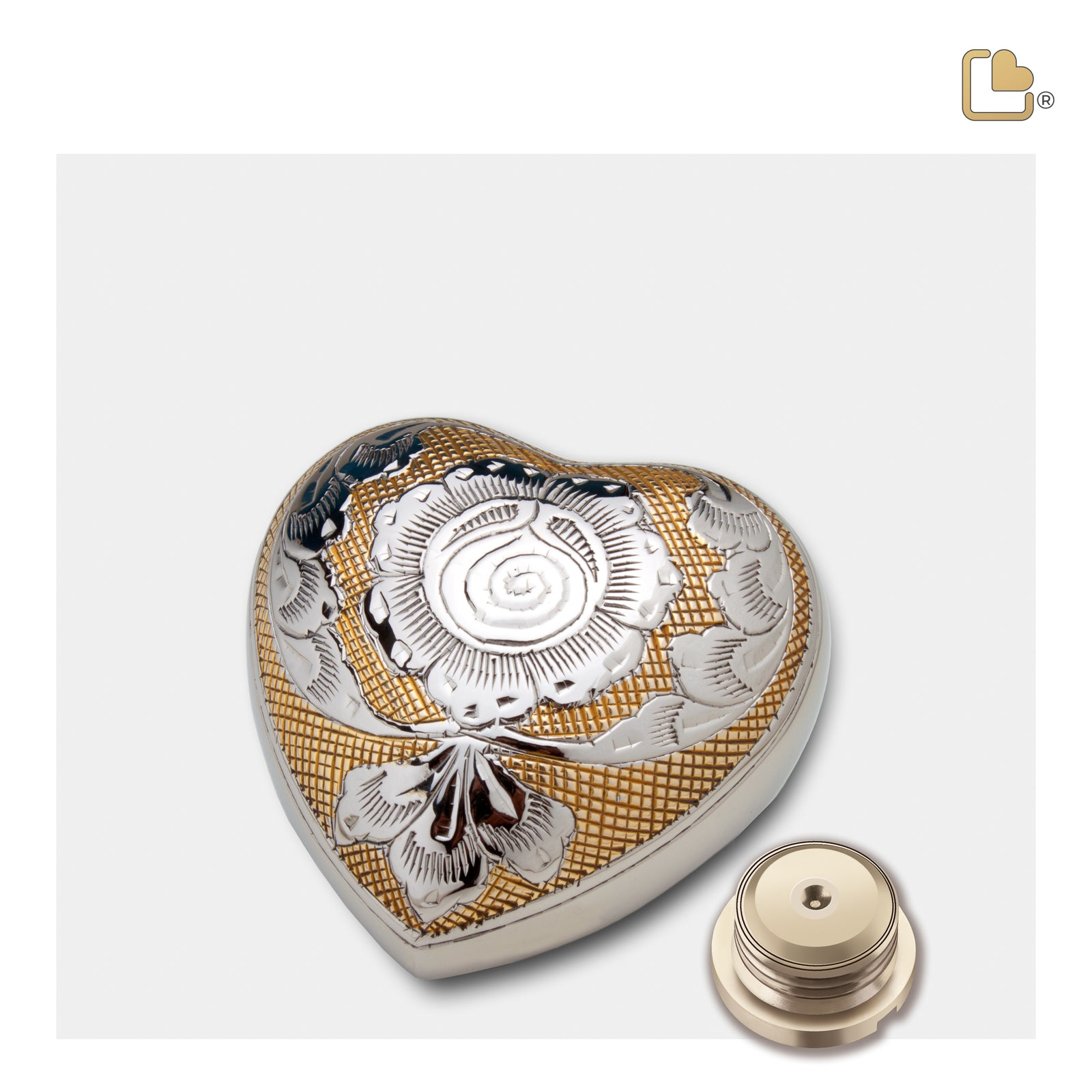 H673 Elegant Floral Heart Keepsake Urn Pol Silver