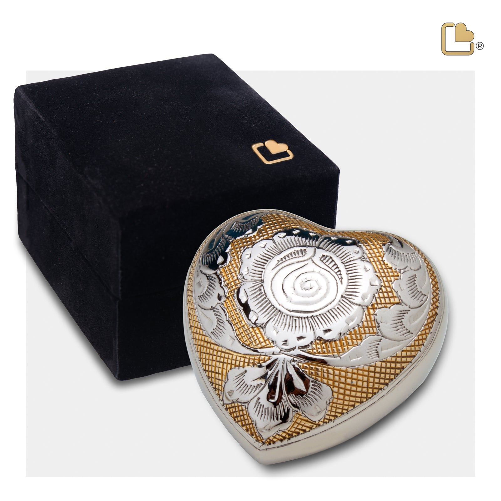 H673 Elegant Floral Heart Keepsake Urn Pol Silver