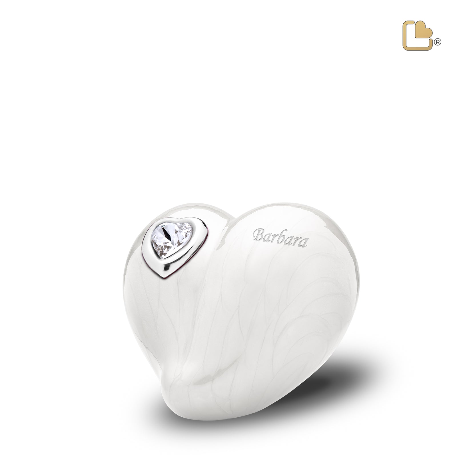 K1003 LoveHeart Keepsake Urn Pearl White & Pol Silver w/Crystal