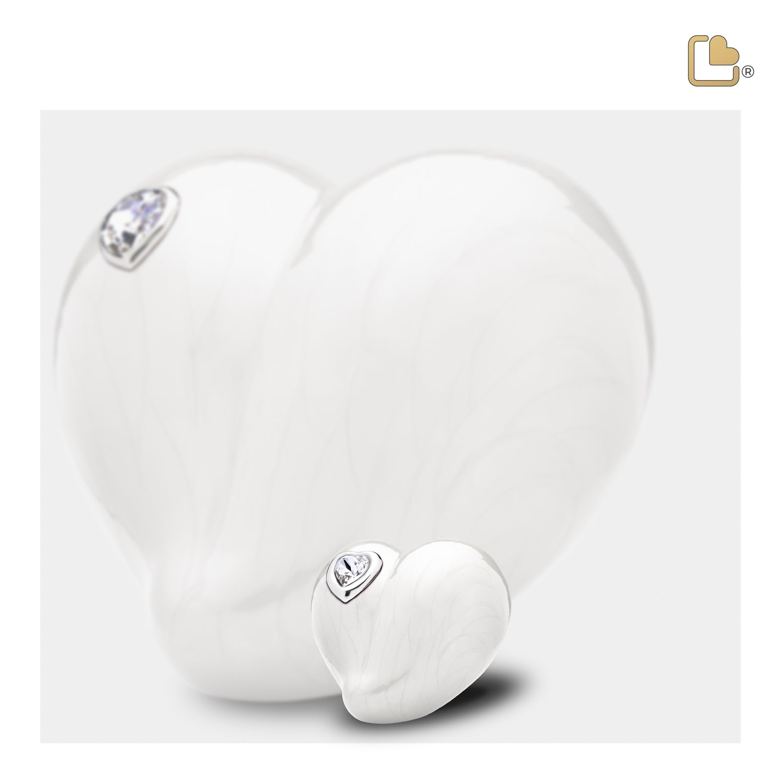 K1003 LoveHeart Keepsake Urn Pearl White & Pol Silver w/Crystal