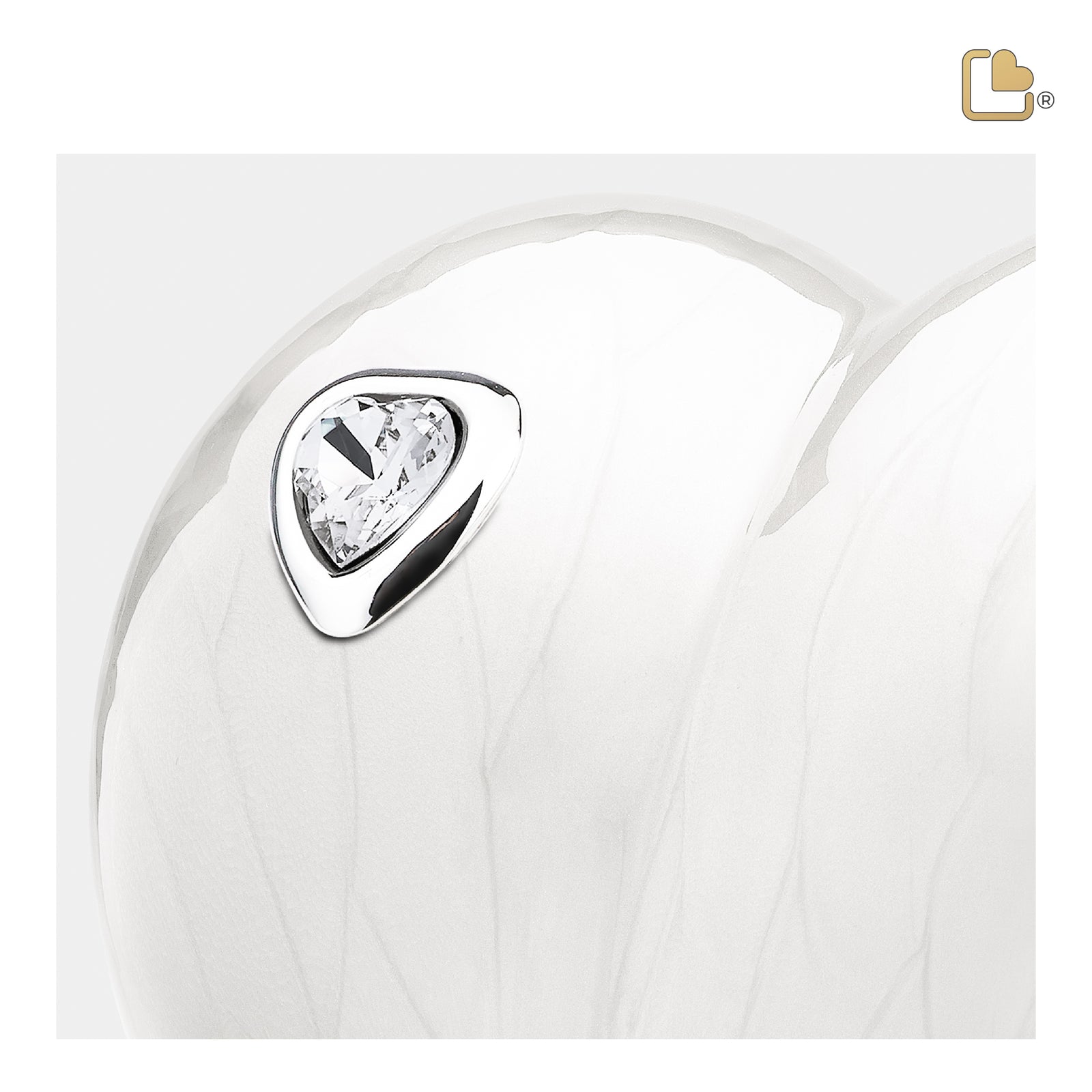 P1003 LoveHeart Child Urn Pearl White & Pol Silver w/Crystal