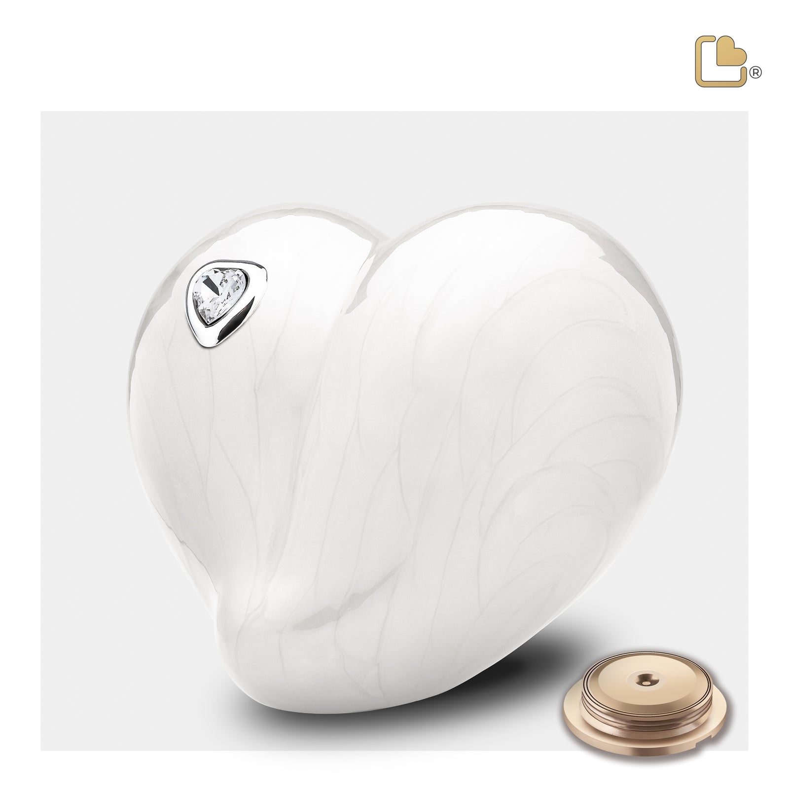 P1003 LoveHeart Child Urn Pearl White & Pol Silver w/Crystal