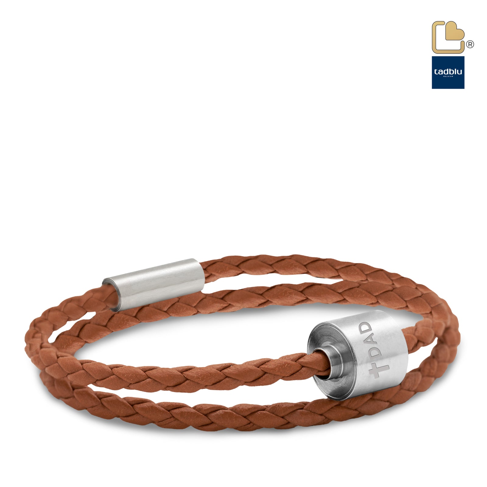 TB-BB3-L Memento Bracelet (L) Braided Leather Brushed Ashes Bead Cognac