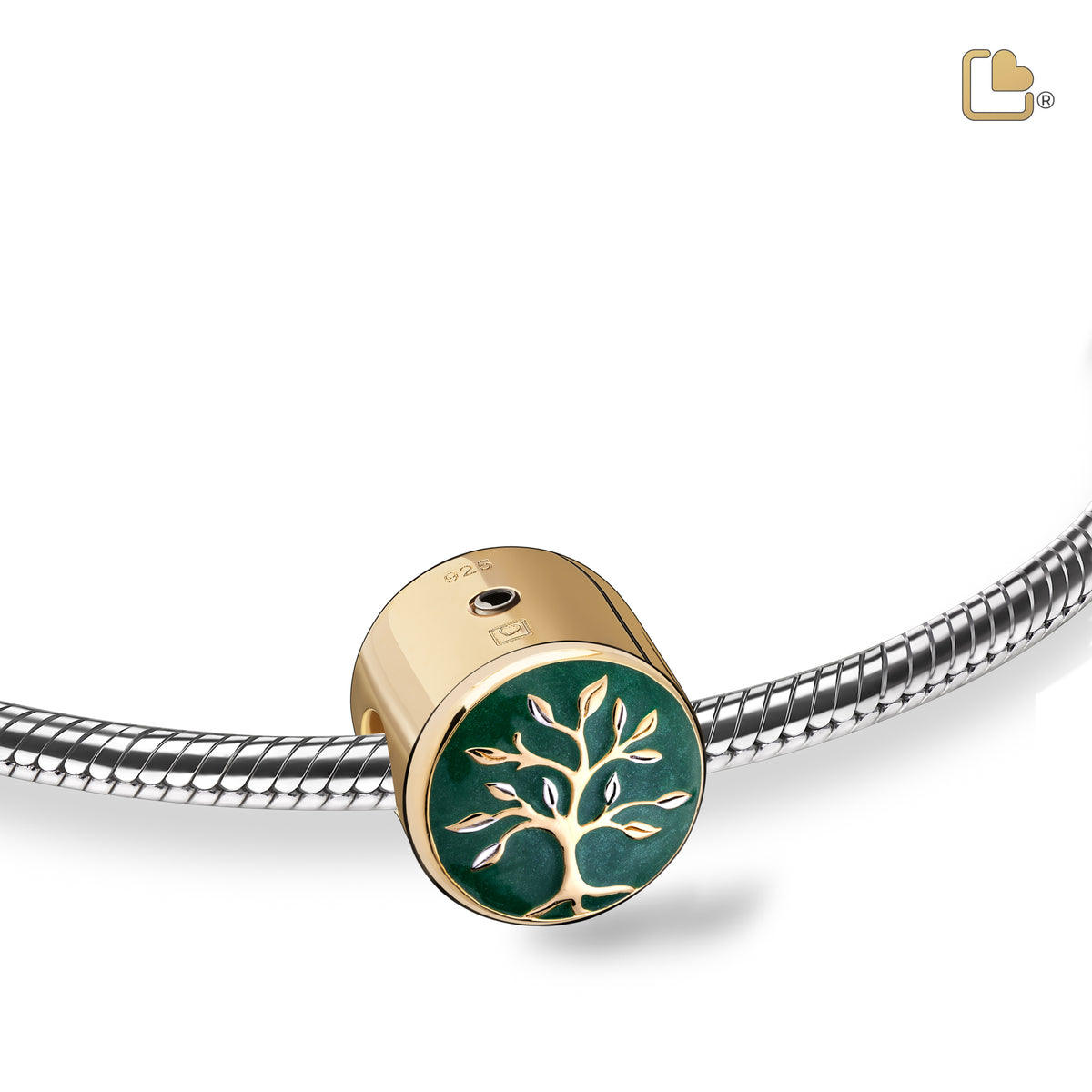 BD2121   Tree of Love Ashes Bead Pearl Green &amp; Pol Gold Vermeil