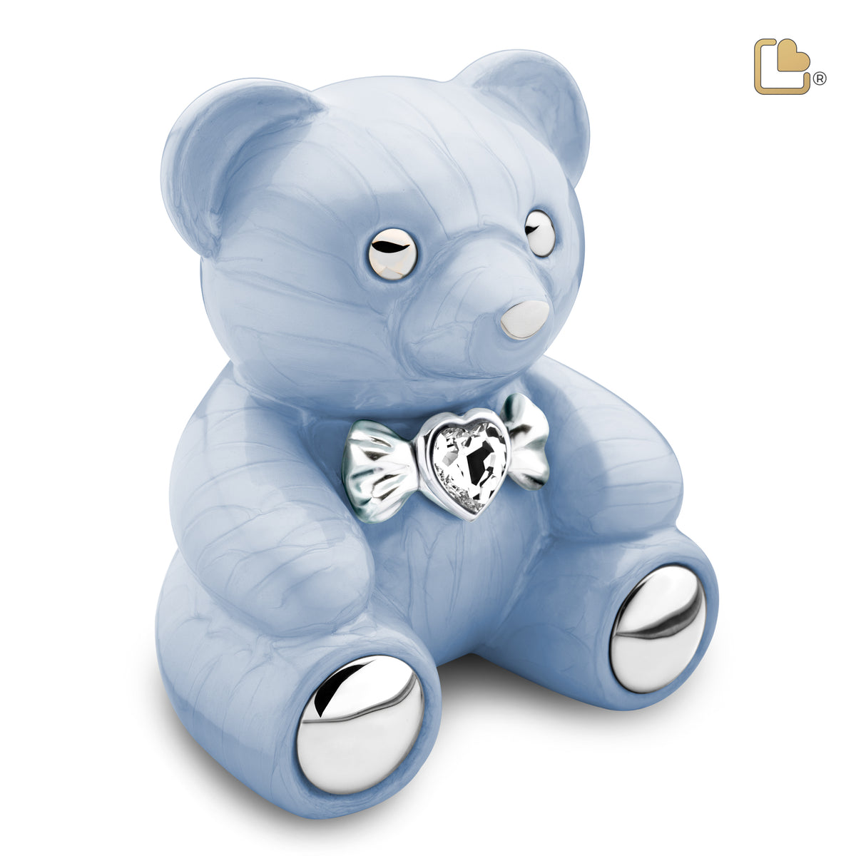 C1011   CuddleBear Child Urn Pearl Blue &amp; Pol Silver w/Crystal