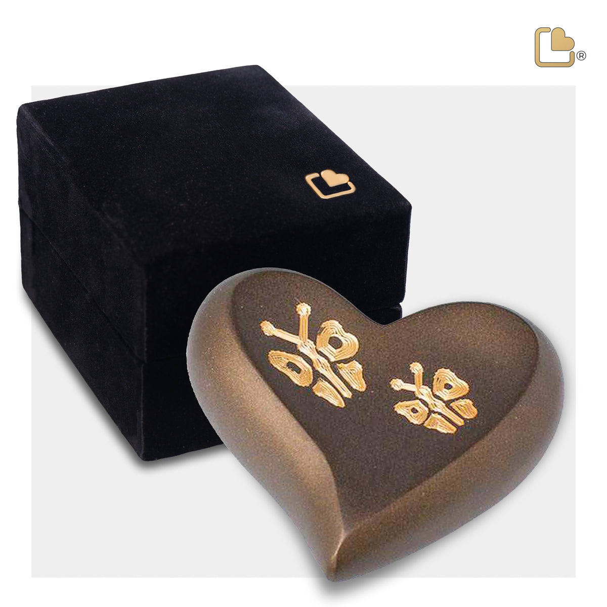 H543   Elegant Butterfly Heart Keepsake Urn Bronze & Bru Gold