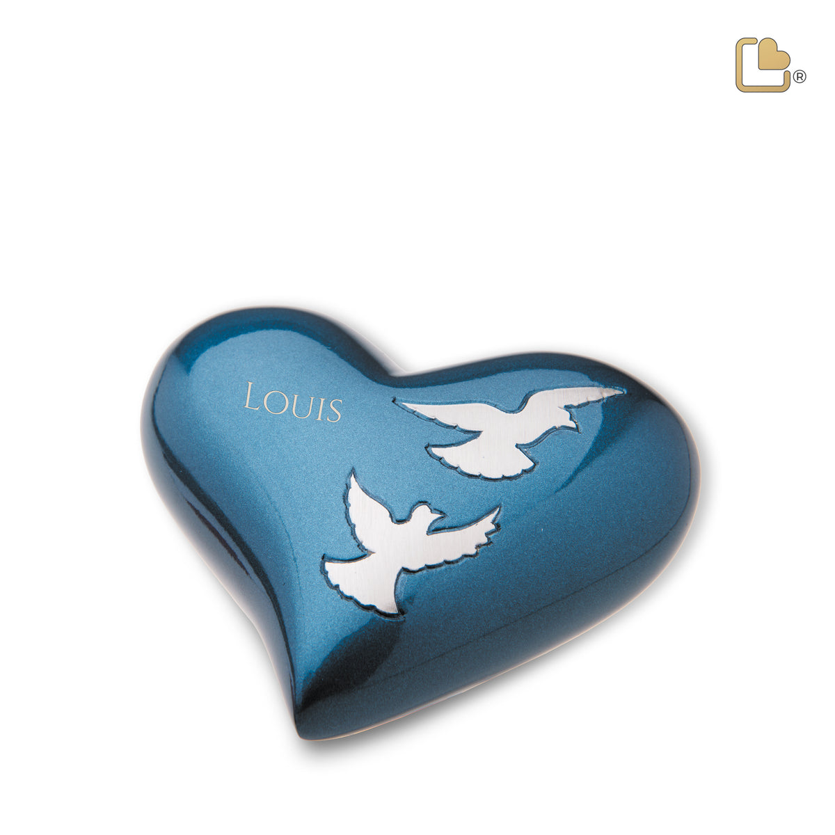 H572   Flying Doves Heart Keepsake Urn Blue &amp; Bru Pewter