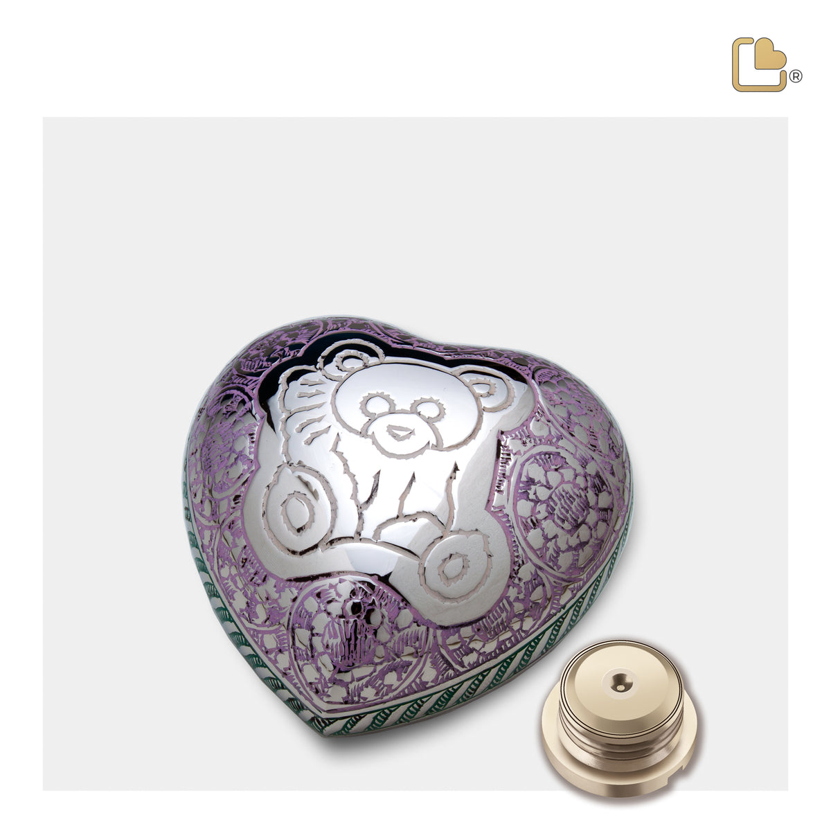 H672   TeddyBear Heart Keepsake Urn Pink & Pol Silver