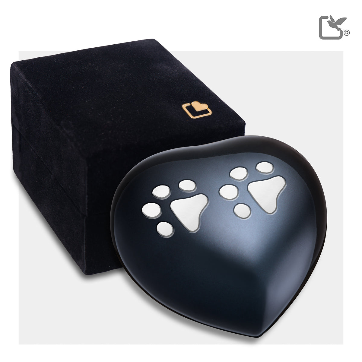 H678   Keepsake Double Paw Heart Pet Urn Midnight & Bru Pewter