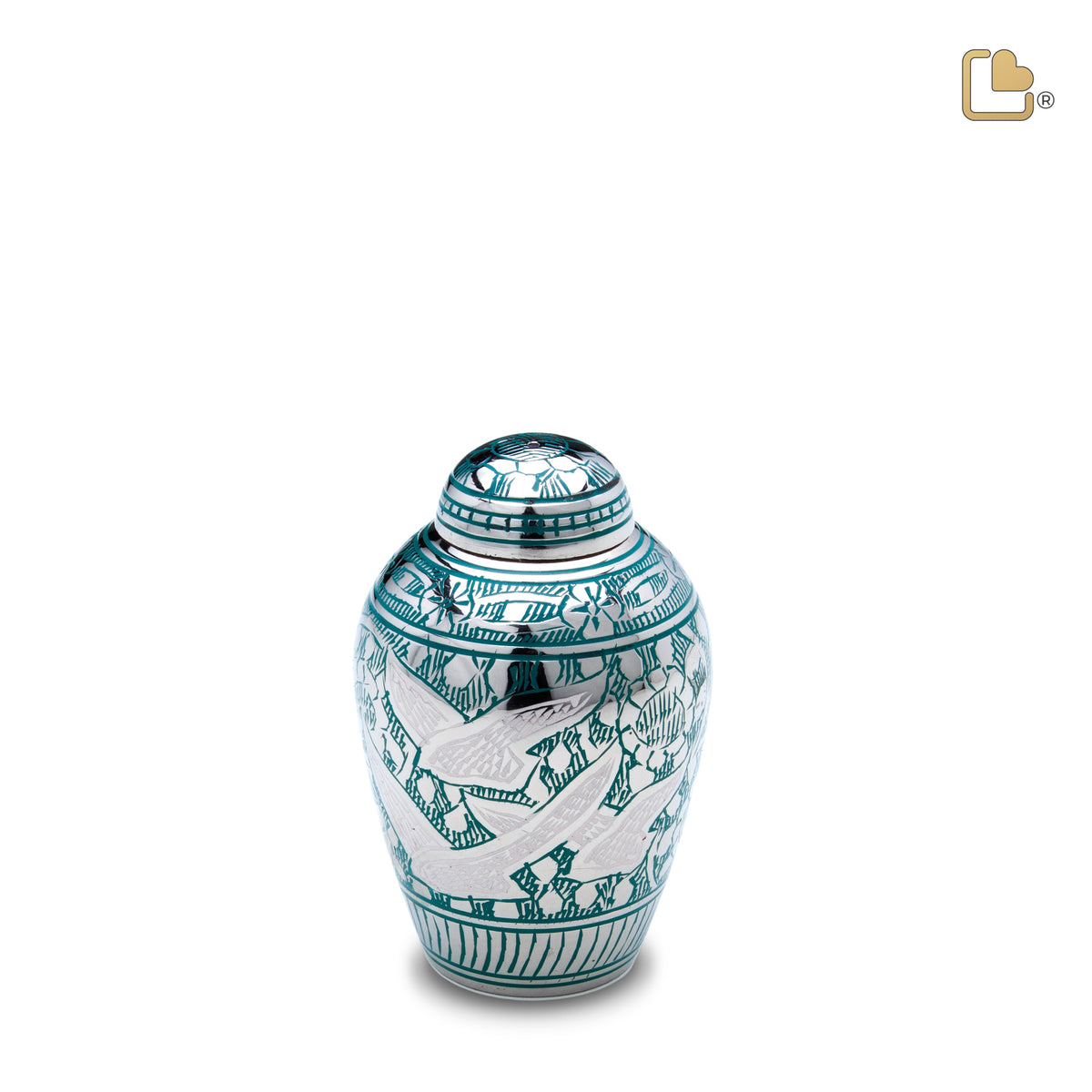 K227   DomeTop Flying Dove Keepsake Urn Green &amp; Pol Silver