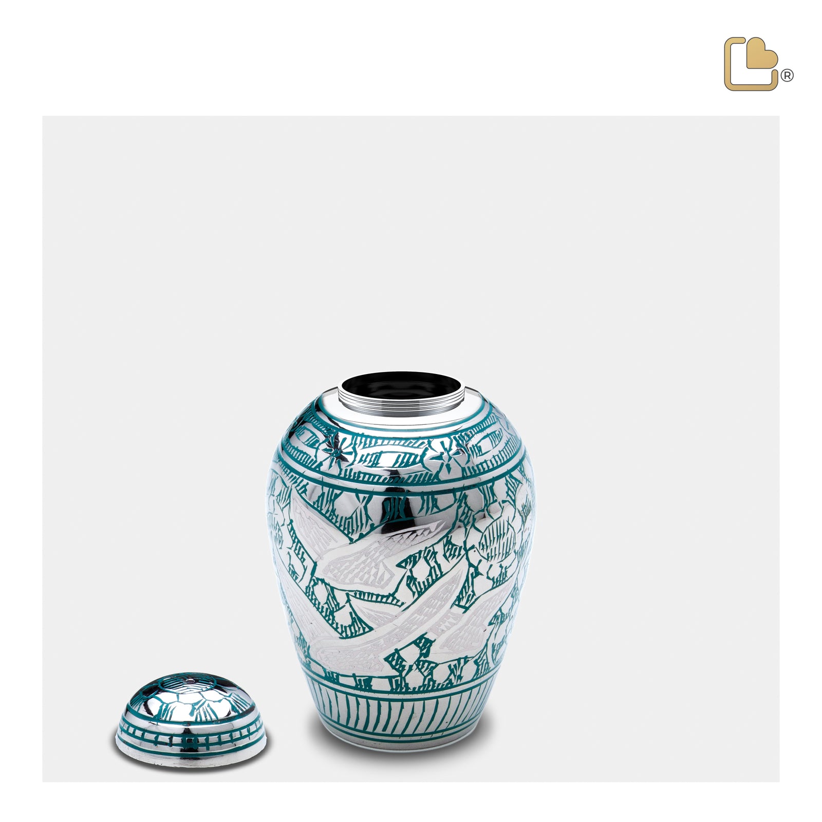 K227   DomeTop Flying Dove Keepsake Urn Green & Pol Silver