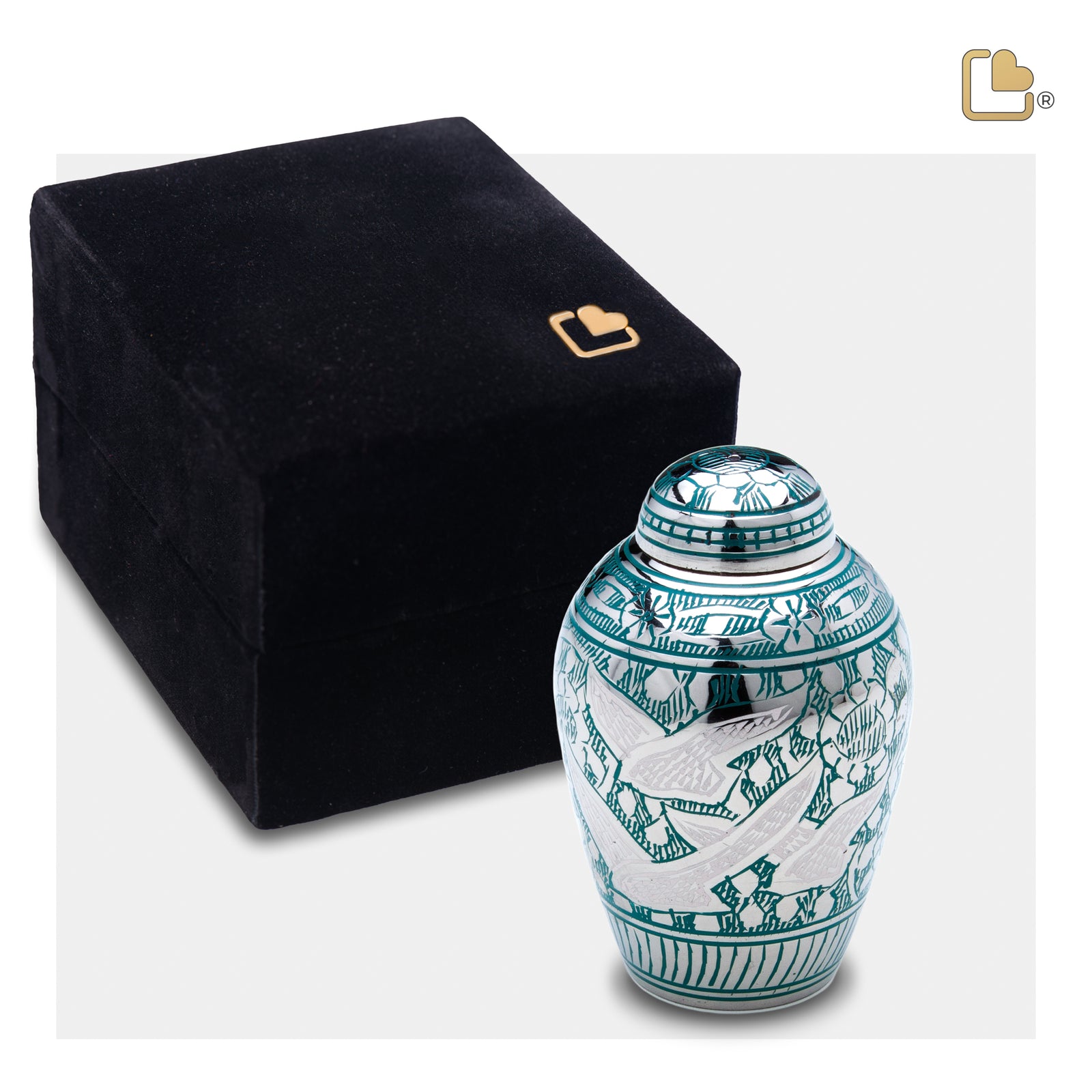 K227   DomeTop Flying Dove Keepsake Urn Green & Pol Silver