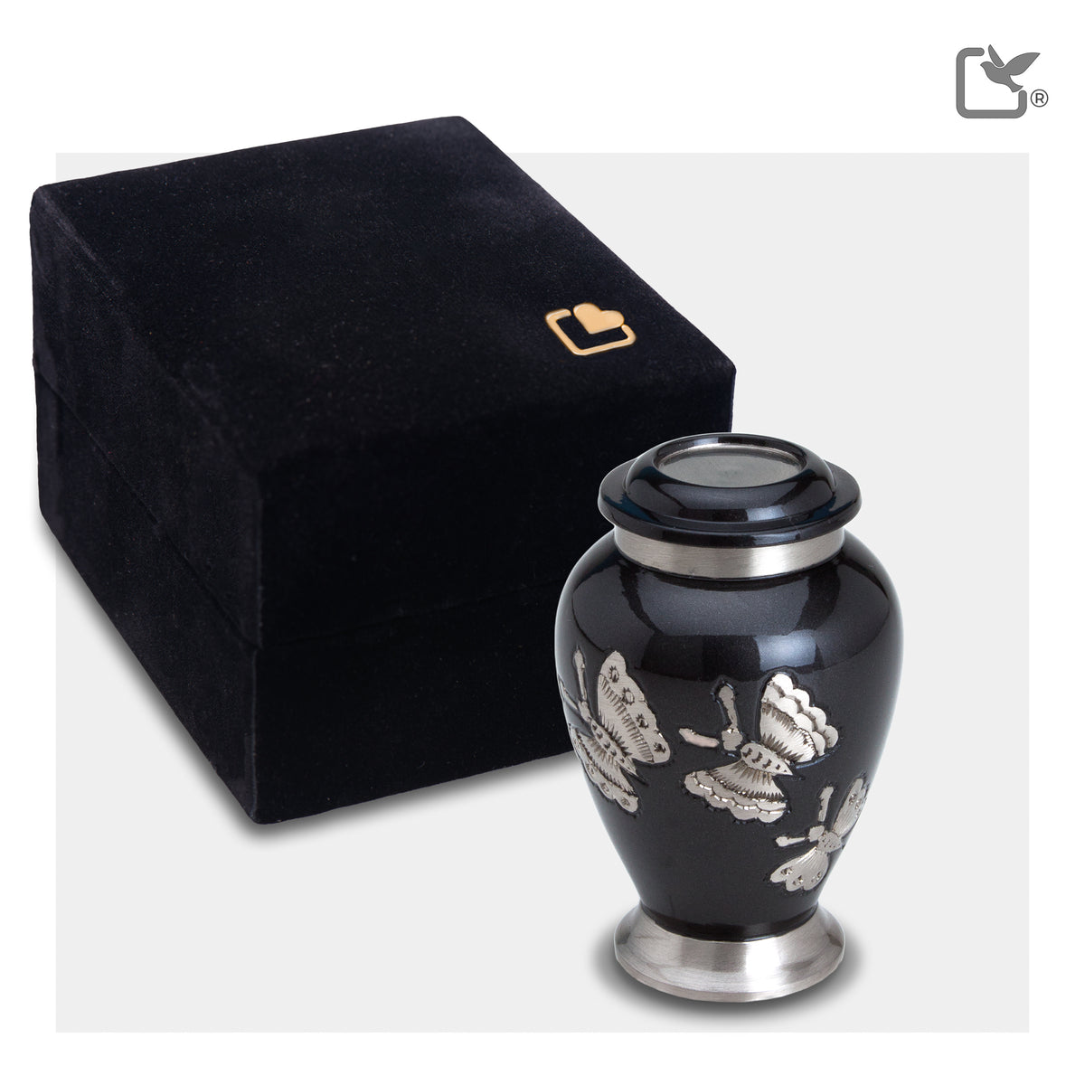 K242  Traditional Butterflies Keepsake Urn Midnight & Bru Pewter