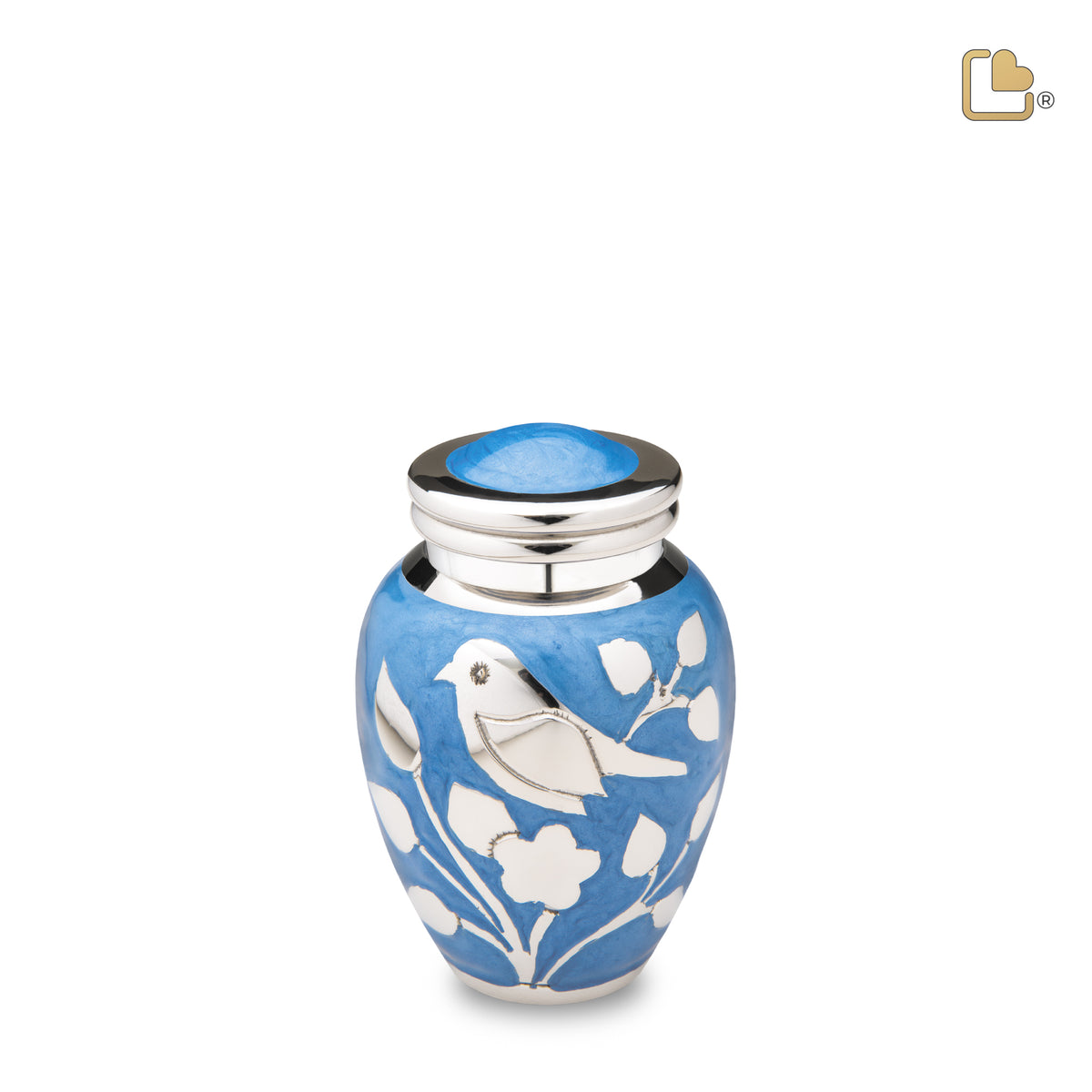K280   BlessingBirds Keepsake Urn Pearl Blue &amp; Pol Silver