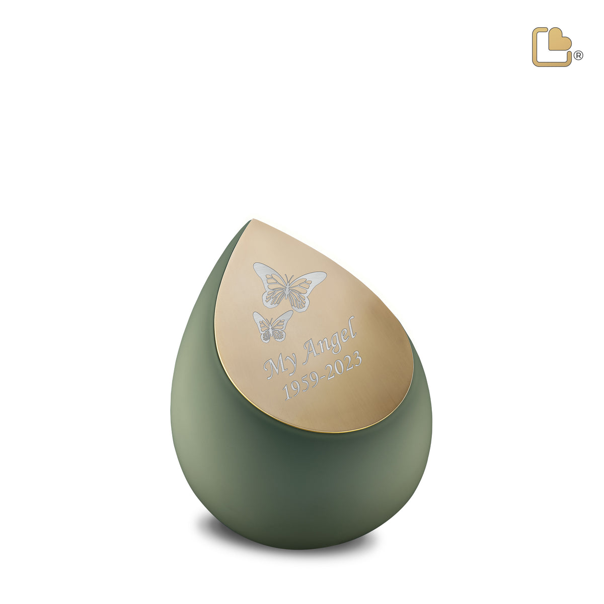 K585   Drop Keepsake Urn Sage Green &amp; Bru Gold