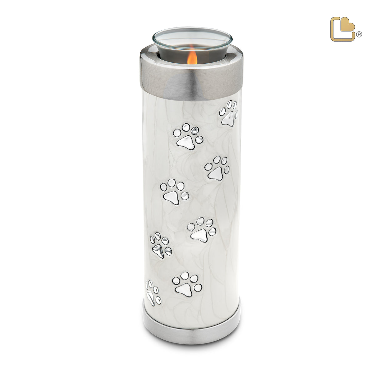 T658   Tall Pet Tealight Urn Pearl White &amp; Bru Pewter